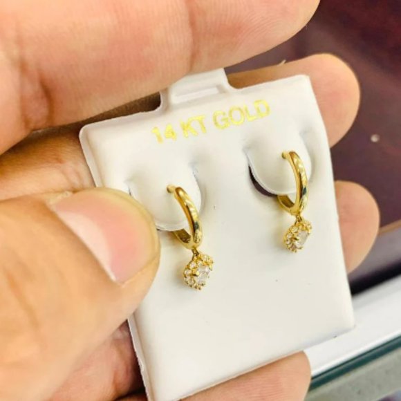 14K Yellow Gold CZ Huggies Hoop Earrings Heart Drop Earrings for Womens Aretes - Picture 4 of 6